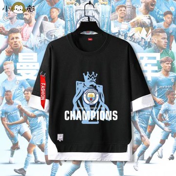 2022曼城奪冠紀念足球迷假兩件短袖t恤衫男女兒童裝5五分袖半中袖