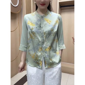 2025夏季新款國風中式襯衫氣質媽媽真絲開衫上衣大碼顯瘦中袖小衫