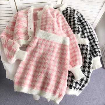 三件套小香風復古千鳥格針織外套+短款吊帶+包臀半身裙短裙秋冬