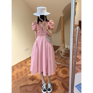 夏日多巴胺法式別致收腰連衣裙小眾高級感女裝漂亮氣質粉色裙子女