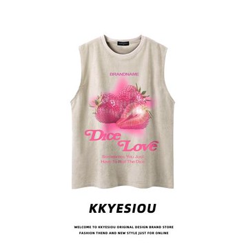 KKyesiou美式復古草莓印花坎肩背心男女oversize休閑情侶汗衫T恤