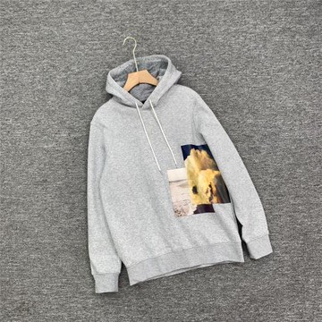 男裝棕色風景棉混紡休閑版型拉絨連帽衛衣落肩長袖