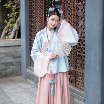 原創中國風日常改良漢服女明制上襖復古印花褶裙秋冬連衣裙兩件套1入