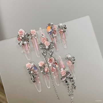 ➕最新設計款穿戴甲💅純手工穿戴甲高級感魔鏡粉色長款高端美甲重工山茶花朵假指甲貼片細狗長尖穿戴甲 GAWF