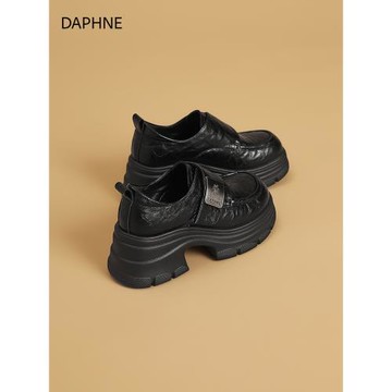 達芙妮樂福鞋女2026春季新款冬季加絨女鞋增高黑色女士厚底小皮鞋