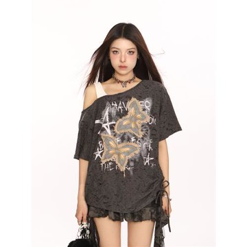 BIGGOLD美式破壞感貼布蝴蝶露肩短袖T恤女夏季設計感甜酷辣妹上衣