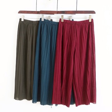 闊腿松緊腰女長褲 夏裝新款百褶裙褲 休閑寬松松緊腰甩腿褲C/8-2