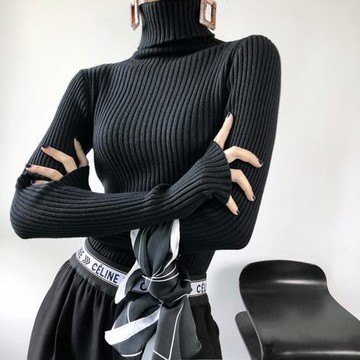 PAPERLLL 秋冬百搭高領內搭套頭針織衫簡約豎條紋長袖露趾毛衣女