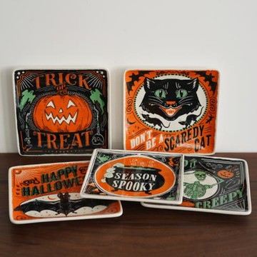 8.5寸 出口歐式復古萬圣節釉下彩陶瓷方盤 骷髏南瓜蝙蝠牛排盤