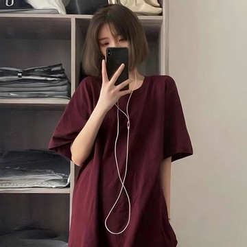 7428 位資深顧客👏酒紅色純棉t恤女夏季韓版慵懶風短袖2026新款寬鬆半袖純色上衣insEHN1