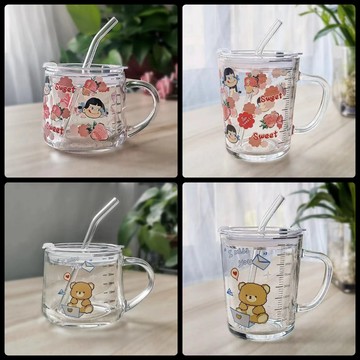 刻度杯子  刻度玻璃杯 吸管牛奶早餐杯 甜品杯可愛印花刻度杯子 玻璃杯 兒童水杯 玻璃杯子 玻璃牛奶杯 兒童馬克杯 耐熱