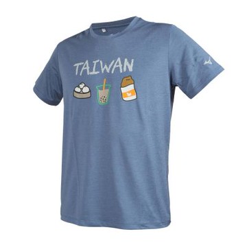 MIZUNO 男短袖圓領T恤-台灣小吃-台灣製 運動 上衣 休閒 32TAC50417 靛藍白奶茶