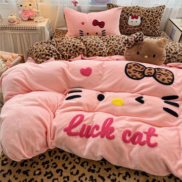 冬季牛奶絨粉色豹紋可愛四件套加絨珊瑚絨床單被套卡通床上三件套