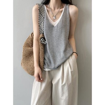 女士萊賽爾天絲亞麻撞色假兩件背心女夏新款V領時尚坎肩上衣小衫