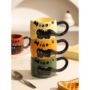 浮雕小貓杯子女生高顏值馬克杯可愛創意情侶水杯陶瓷辦公室咖啡杯