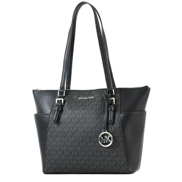 MICHAEL KORS CHARLOTTE 緹花LOGO防刮皮革梯形拉鍊托特包-黑色/大