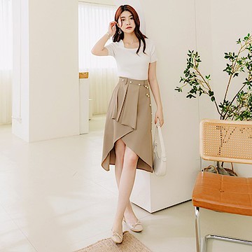 不易皺前短後長荷葉傘襬中長裙(附腰帶)-OB大尺碼