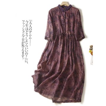 日韓外貿出口品牌剪標復古印花苧麻連衣裙女中袖亞麻收腰棉麻長裙