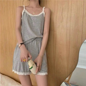 休閒睡衣女夏季韓版可外穿蕾絲花邊吊帶上衣寬鬆短褲子家居服套裝睡衣女生可愛睡衣短袖睡衣韓國居家服睡衣套裝