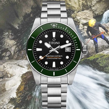 TITONI梅花錶 海洋探索 SEASCOPER 300 天文台認證 陶瓷圈 潛水機械腕錶 42mm / 83300S-GN-702