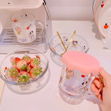 可愛卡通玻璃碗玻璃水杯少女心沙拉碗牛奶果汁杯子送杯蓋