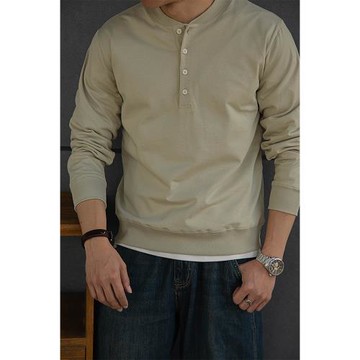 唔刃 美式復古重磅純棉棒球領亨利衫T恤阿美咔嘰硬漢風打底衫男秋