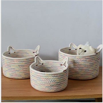 新款貓耳桌面收納籃手工編織棉繩置物筐鑰匙雜物零食籃子布藝盒