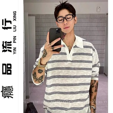 簡約新款日系文藝慵懶條紋薄款針織衫 美式復古慵懶百搭氣質流行時尚潮流POLP領寬鬆休閒毛衣