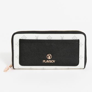 PLAYBOY - 拉鍊長夾  黑白TWO系列 - 米白色
