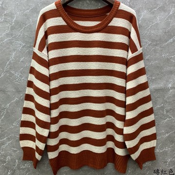 O-LIWAY 磚紅色 條紋泡泡袖寬版細針長袖針織上衣 台灣製 MIT oliway