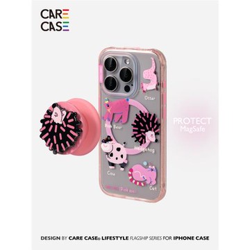 CARECASE 粉色動物園磁吸手機殼 刺猬琺瑯工藝磁吸支架 原創設計 適用于蘋果15 14 Pro Max 防摔可愛少女個性