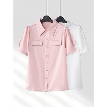 粉色雪紡襯衫女上衣夏款設計感小眾搭半身裙套裝職業通勤短袖襯衣