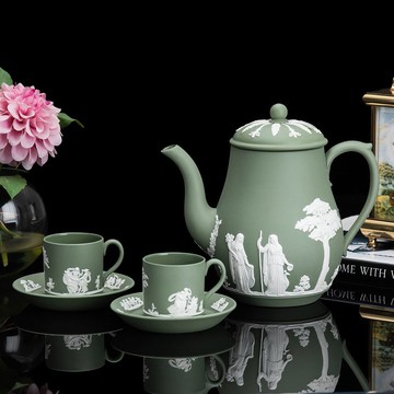 經典工藝Wedgwood 碧玉浮雕咖啡具五件套 咖啡壺咖啡杯 內上釉