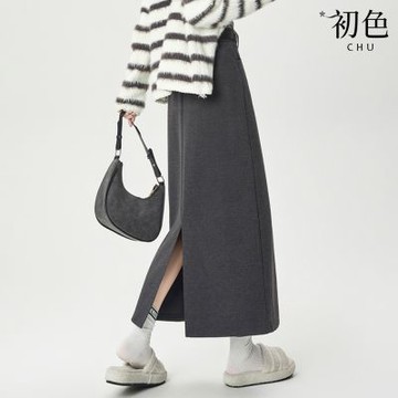 初色 簡約毛呢鬆緊高腰後開衩顯瘦A字中長半身裙長裙-共3色-15352(M-XL可選)