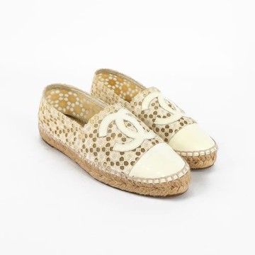 二手商品9成新_CHANEL CC Logo 漆皮及蕾絲草編鉛筆鞋/漁夫鞋(白色) 37