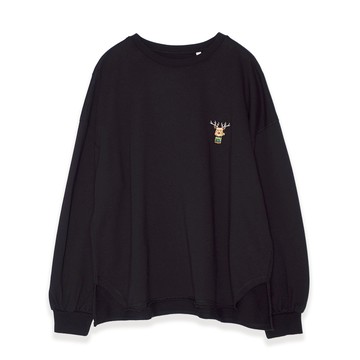 5th STREET｜女裝｜寬版高山罐頭動物繡長袖T恤｜黑色