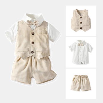 夏季新品童裝歐美條紋紳士gentleman短袖蝴蝶結修身套裝 批發代發