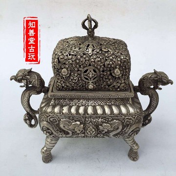 新品 仿古白銅古董收藏精品銅器招財進寶熏香爐二龍戲珠香爐擺件