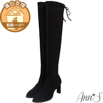 💎APP結帳 靴款買1送1💎Ann’S忍不住回頭-防水絨布 後綁帶細扁高跟過膝靴8cm-黑