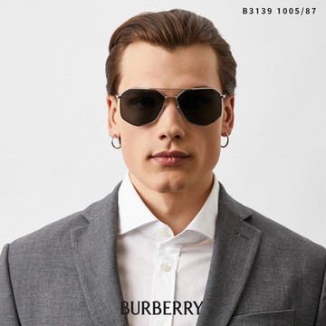 BURBERRY 雙槓多邊框太陽眼鏡/銀 深灰鏡片#B3139 100587-58mm