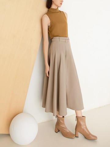 簡約純色側開拉鍊百褶中長裙(附腰帶)