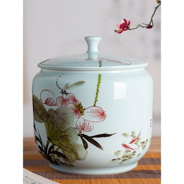 景德鎮手繪陶瓷米缸米桶20斤裝帶蓋防潮防蟲面粉桶廚房家用密封罐