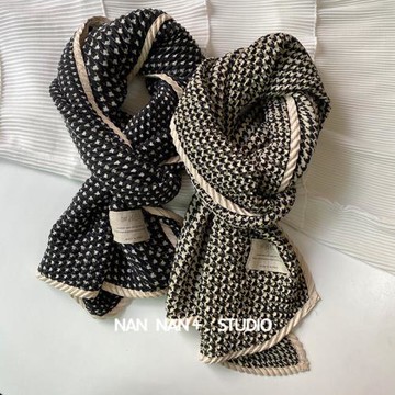 雙層褶皺復古氣質字母標薄款千鳥格圍巾女網紅潮百搭印花長款圍脖