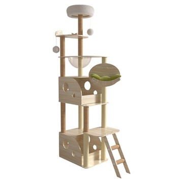 AOYI 奧藝 摩天大樓貓跳台 環保木材 垂直加高設計 雙抽屜大貓窩 透明太空艙 多功能貓窩 劍麻抓柱 牛津布抓柱  原木色  1個