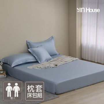 IN-HOUSE-360織紗防螨抗菌天絲長絨棉三件式枕套床包組(微雨青-雙人)