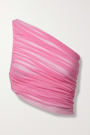 Norma Kamali - Diana One-shoulder Ruched Stretch-tulle Bikini Top - Pink - medium