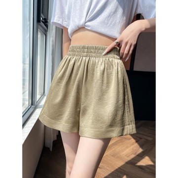 新中式醋酸提花短褲子女夏季薄款松緊高腰寬松顯瘦a字闊腿休閑褲