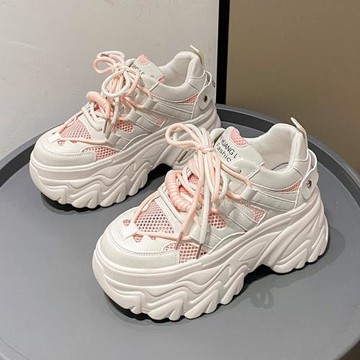 老爹鞋女2023年新款真皮網面透氣小個子增高拼色小白鞋休閑運動鞋