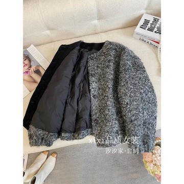 灰色小香風羽絨服女冬季2024新款高端復古鵝絨內膽圈圈羊羔毛外套