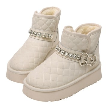 Ann’S X Sanrio三麗鷗 HELLO KITTY 聯名 雪鑽之履大蝴蝶結菱格紋鑽石真皮防潑水短筒雪靴4cm-白